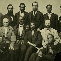 Part of the petit jury empanelled to try Jefferson Davis for treason, ca. May 1867. Landon Boyd standing in rear of image, 5th from right.